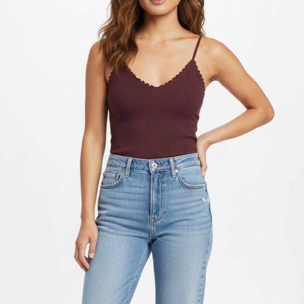 Free People Burgundy Ribbed Tank Top